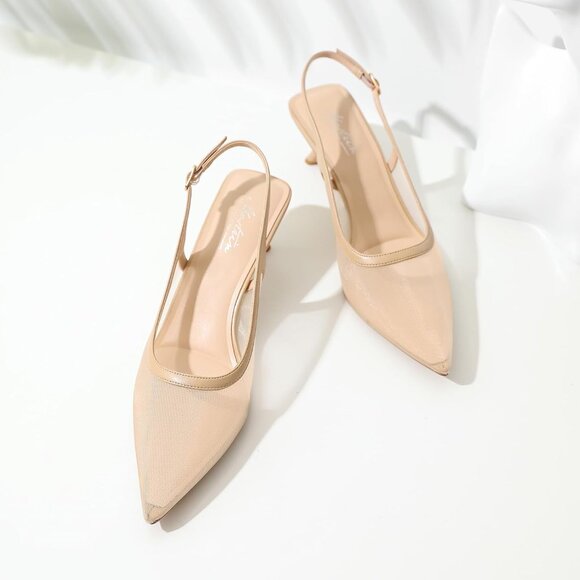 Mostrin Kitten Heels Nude Mesh Low Slingback Heels with Buckle Dress Shoes - Picture 7 of 9